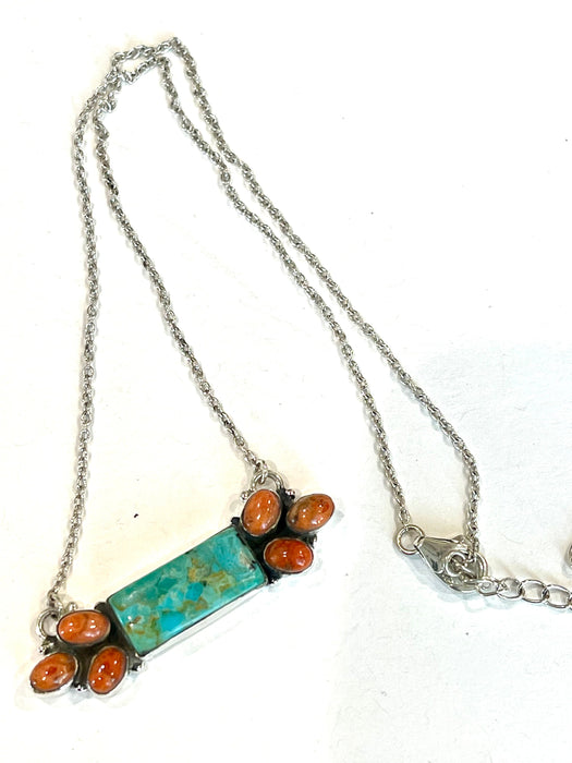 Handmade Sterling Silver,  Turquoise & Orange Mojave Bar Necklace