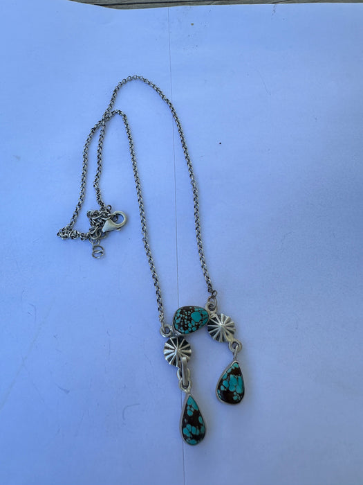 Beautiful Handmade Sterling Silver & Number 8 Turquoise 3 Stone Necklace