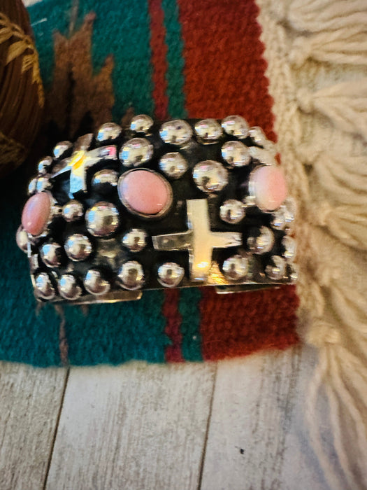 Navajo Sterling Silver & Queen Pink Conch Cross Cuff Bracelet By Chimney Butte