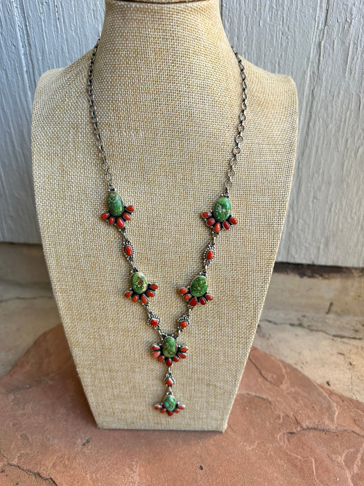 Beautiful Handmade Sterling Silver, Coral & Sonoran Turquoise Lariat Necklace