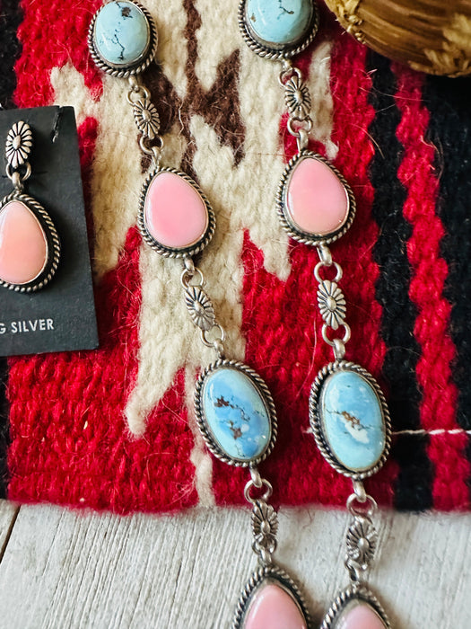 Navajo Queen Pink Conch, Turquoise & Sterling Silver Cluster Necklace Set