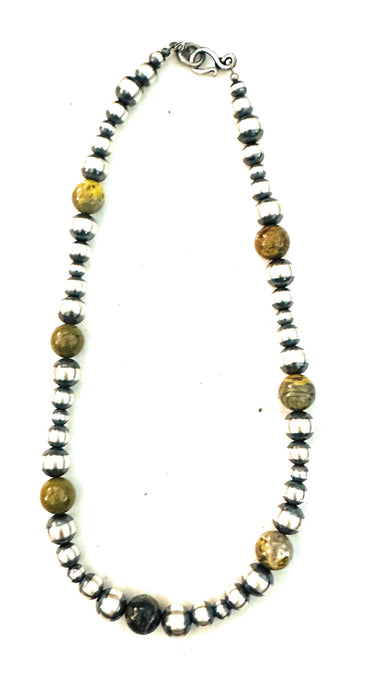Navajo Sterling Silver Pearl & Bumblebee Jasper Beaded Necklace 18”