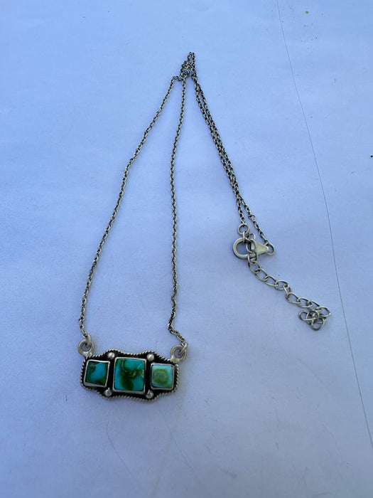 Beautiful Handmade Sterling Silver & Sonoran Mountain Turquoise 3 Stone Bar Necklace