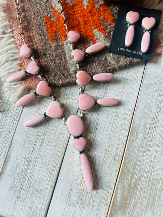 Navajo Queen Pink Conch & Sterling Silver Heart Necklace Set