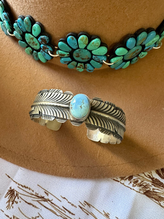 Navajo Golden Hills Turquoise & Sterling Silver Feather Cuff Bracelet