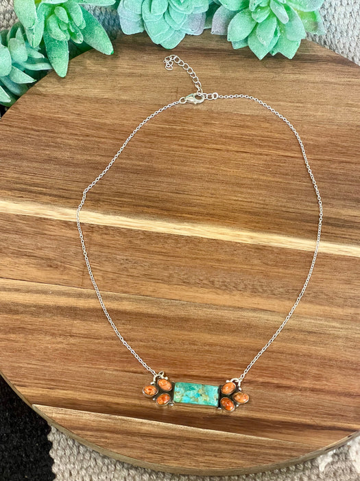 Handmade Sterling Silver,  Turquoise & Orange Mojave Bar Necklace