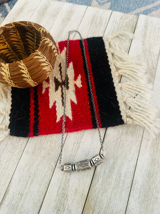 Navajo Hand Stamped Sterling Silver Beaded Chain Necklace