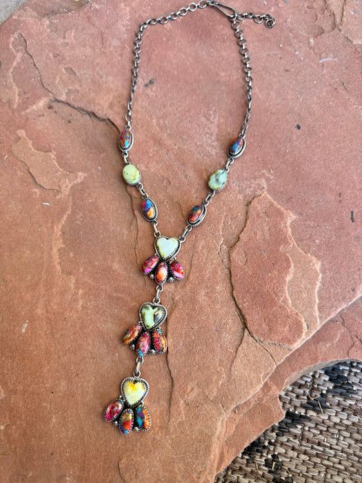 Handmade Sterling Silver, Palomino Turquoise & Pink Dream Mojave Lariat Heart Necklace