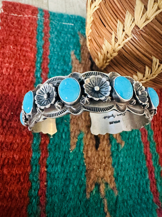 Navajo Turquoise & Sterling Silver Flower Cuff Bracelet