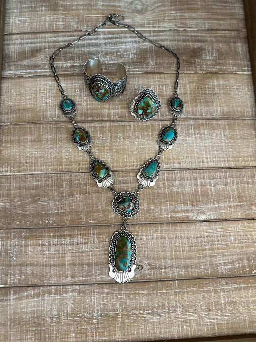 Charles Johnson Navajo Royston Turquoise & Sterling Silver Necklace, Bracelet and Ring Set Signed