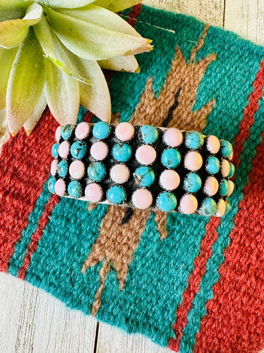 Navajo Sterling Silver, Queen Pink Conch & Turquoise Cuff Bracelet by Leroy James