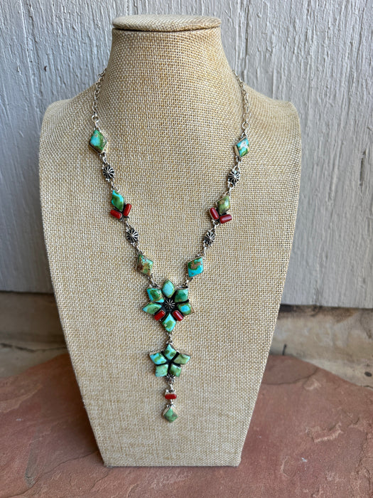 Beautiful Handmade Sterling Silver, Coral & Sonoran Turquoise Lariat Necklace Style B