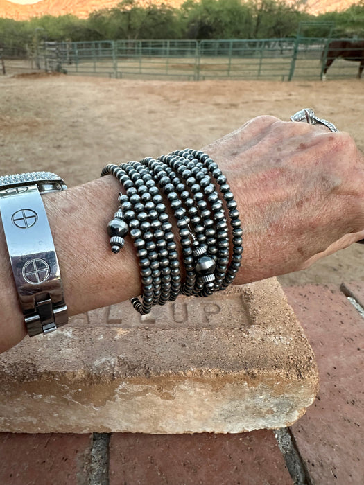 Navajo Sterling Silver Pearl Beaded Wrap Bracelet