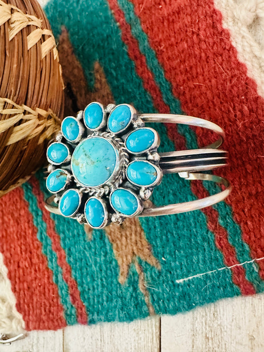 Navajo Kingman Turquoise & Sterling Silver Cluster Cuff Bracelet