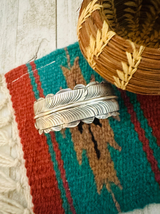 Navajo Hand Stamped Sterling Silver Feather Cuff Bracelet