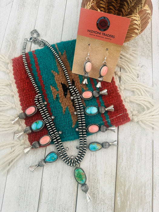 Navajo Turquoise, Pink Conch & Sterling Silver Necklace Set by Russell Sam