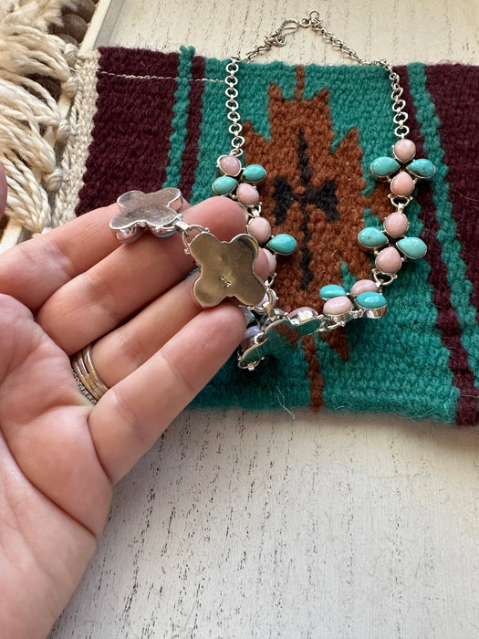 “Turquoise Stallion” Handmade Sterling Silver, Turquoise & Pink Conch Necklace Set Signed Nizhoni