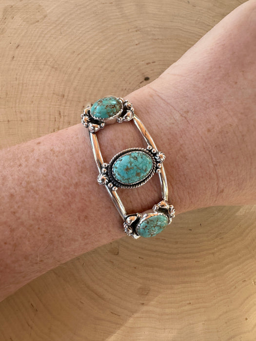 Nizhoni Handmade Sterling Silver & Number 8 Turquoise 3 Stone Adjustable Cuff Bracelet