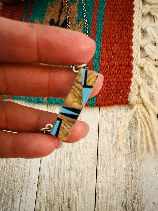 Navajo Multi Stone & Sterling Silver Inlay Bar Necklace