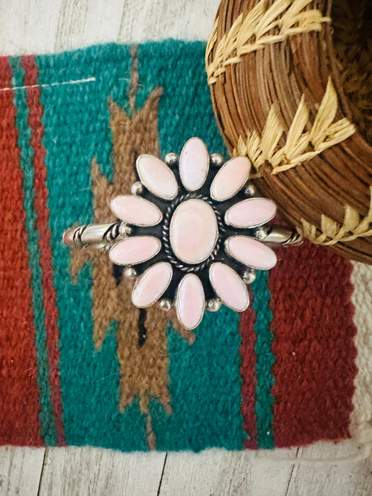 Navajo Queen Pink Conch Shell & Sterling Silver Cluster Cuff Bracelet