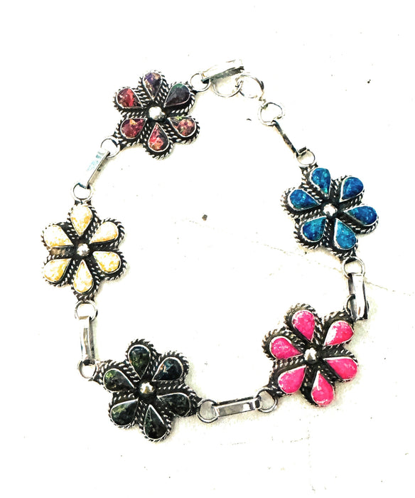 Zuni Multicolor Opal & Sterling Silver Flower Link Bracelet