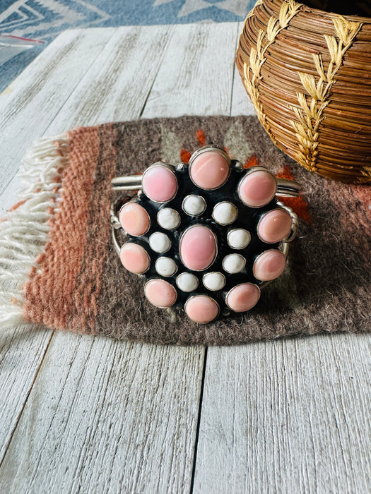 Navajo Queen Pink Conch, White Buffalo & Sterling Silver Cluster Cuff Bracelet