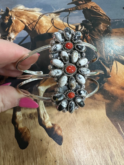 Handmade Sterling Silver, White Buffalo & Coral Adjustable Cuff Bracelet