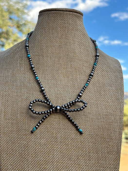 Navajo Made Sterling Silver & Turquoise  Pearl Beaded 3-5mm Bow Tie  Necklace 18 inches