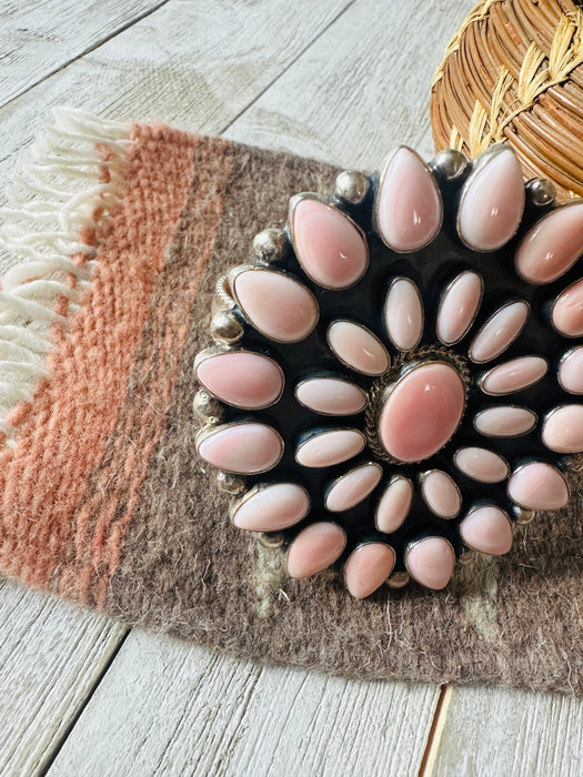 Navajo Queen Pink Conch Shell & Sterling Silver Cluster Cuff Bracelet