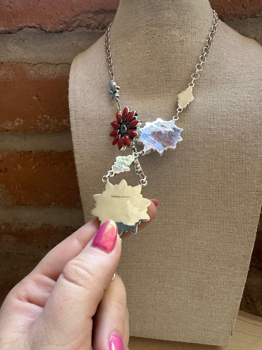 Handmade Sterling Silver, Golden Hills Turquoise & Coral Lariat Necklace
