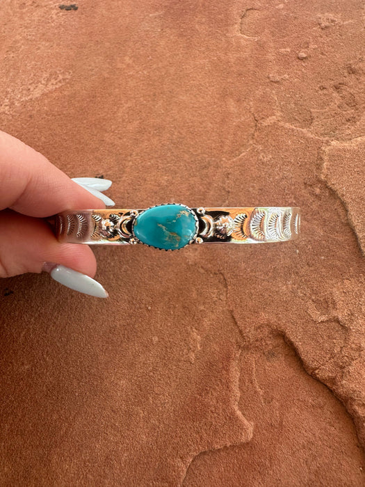 Handmade Sonoran South Hill Turquoise & Sterling Silver Single Stone Adjustable Cuff Bracelet