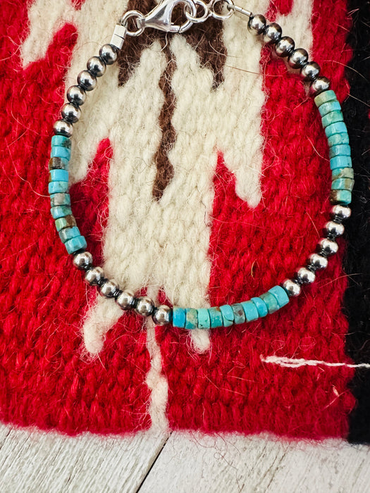 Navajo Turquoise & Sterling Silver Beaded Bracelet 7.5 inch