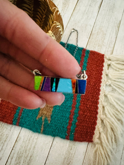 Navajo Multi Stone & Sterling Silver Inlay Bar Necklace