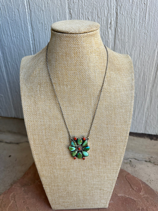 Beautiful Handmade Sterling Silver, Coral & Sonoran Turquoise Flower Cluster Necklace