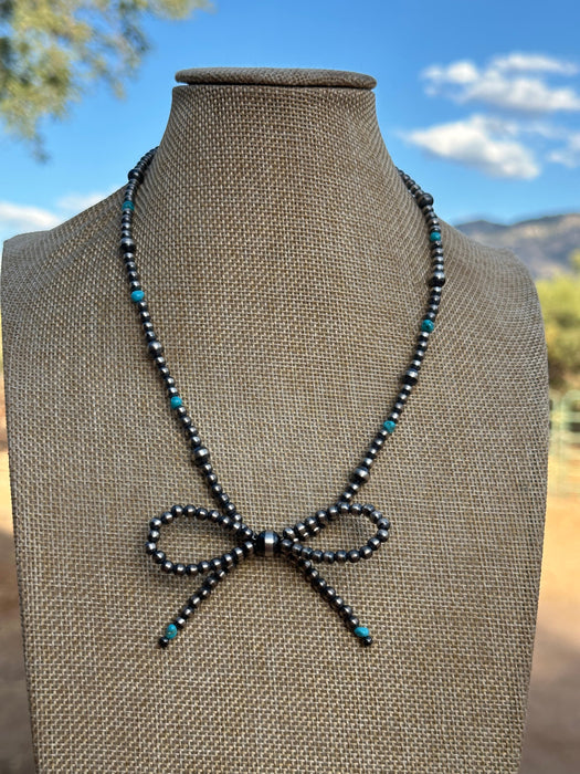 Navajo Made Sterling Silver & Turquoise  Pearl Beaded 3-5mm Bow Tie  Necklace 18 inches