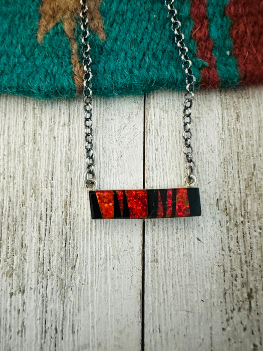 Navajo Opal, Onyx & Sterling Silver Inlay Bar Necklace