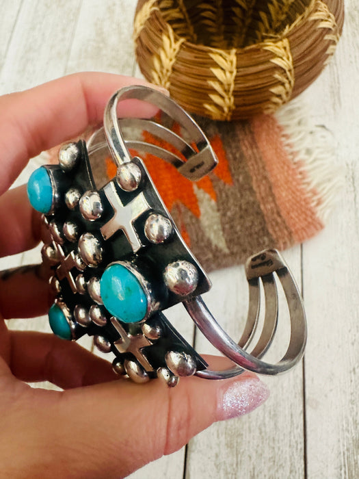 Navajo Turquoise & Sterling Silver Cross Cuff Bracelet By Chimney Butte