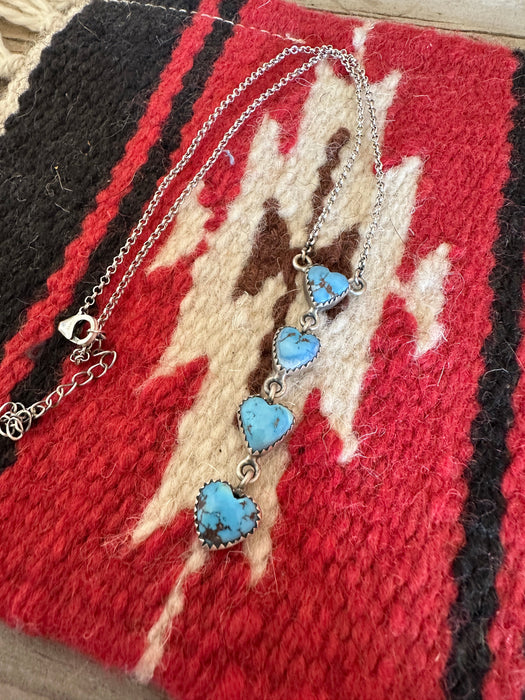 Beautiful Handmade Sterling Silver & Golden Hills Turquoise 4 Stone Drop Heart Necklace