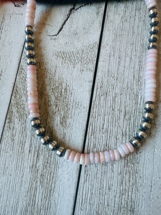 Navajo Sterling Silver Pearl & Queen Pink Conch Beaded 16” Necklace