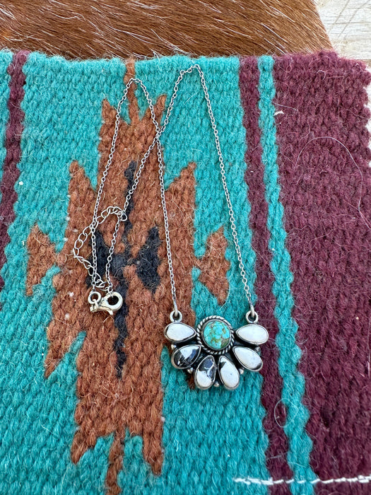 Beautiful Handmade Sterling Silver, White Buffalo & Sonoran Mountain Turquoise Crescent Necklace