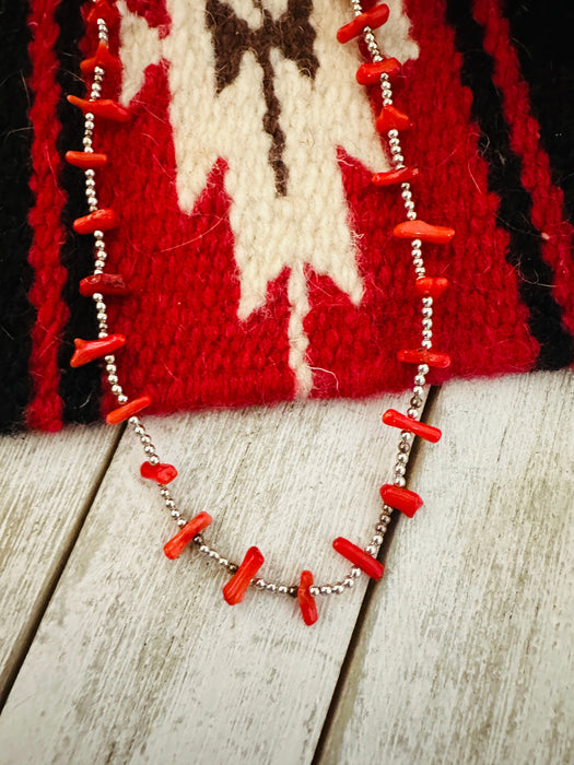 Navajo Coral & Sterling Silver Pearl Beaded Necklace