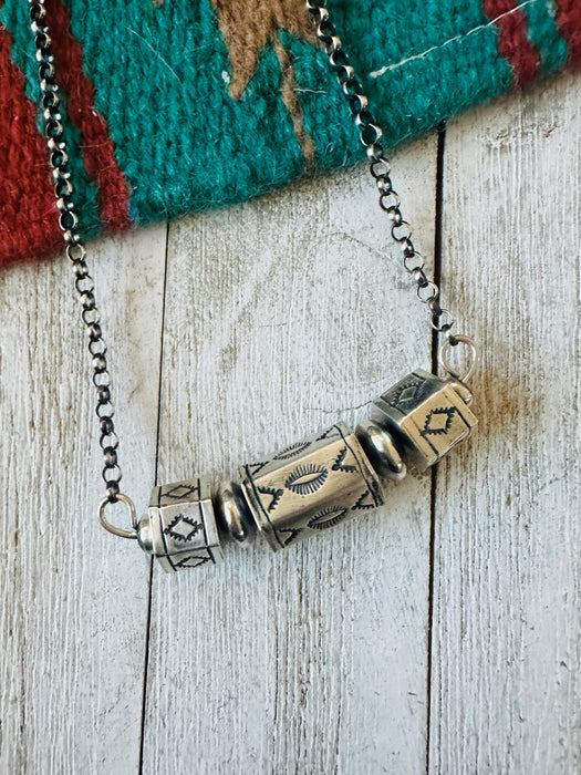 Navajo Hand Stamped Sterling Silver Beaded Chain Necklace