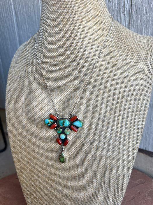 Beautiful Handmade Sterling Silver, Coral & Sonoran Turquoise Necklace style 3