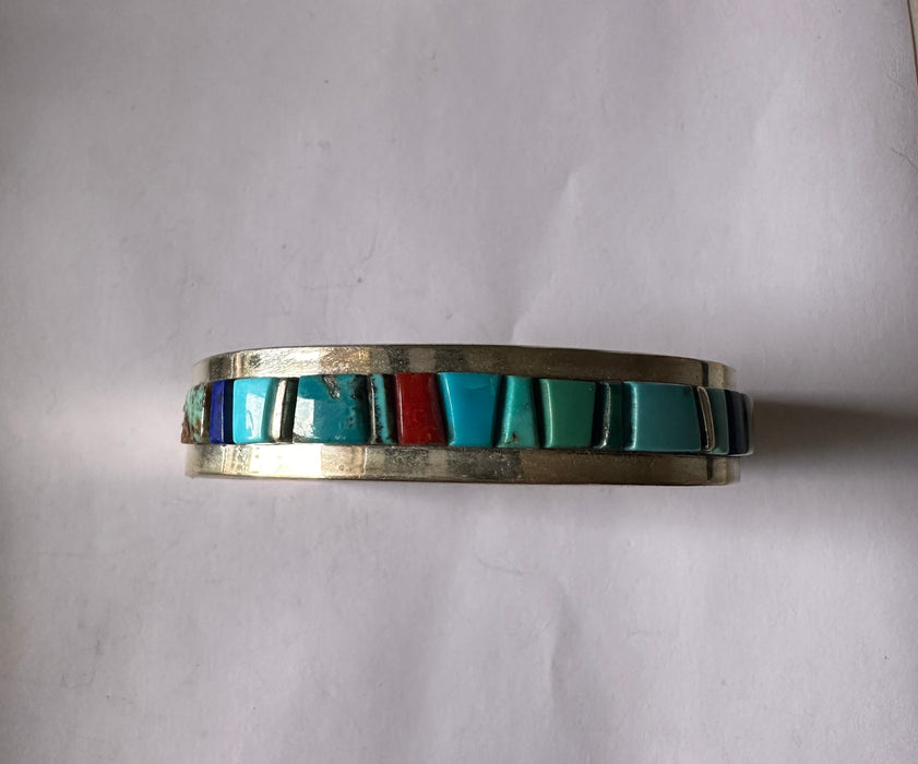 Navajo Multi Stone & Sterling Silver Inlay Cuff Bracelet Signed Patricia Ed Becenti