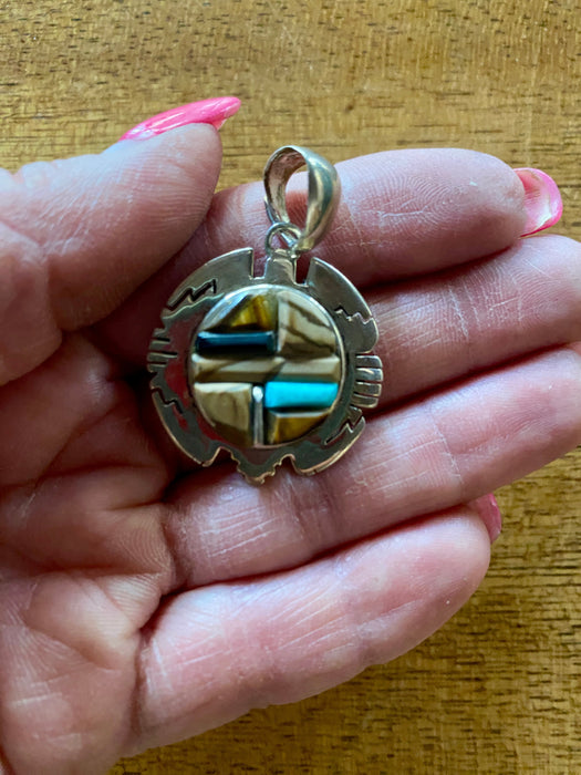 Navajo Rolled Inlay Pendant Necklace with Turquoise, Onyx, Coral, Petrified Wood