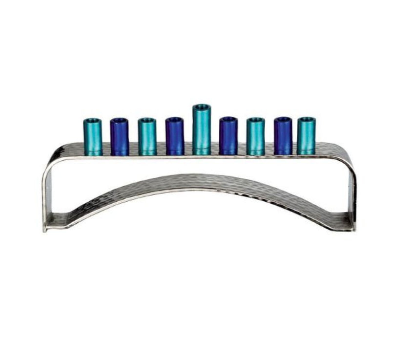 Hammered Aluminum Curved Chanukah Menorah - Blue and Turquoise CandleholdersHammered Aluminum Curved Chanukah Menorah - Blue and Turquoise Candleholders