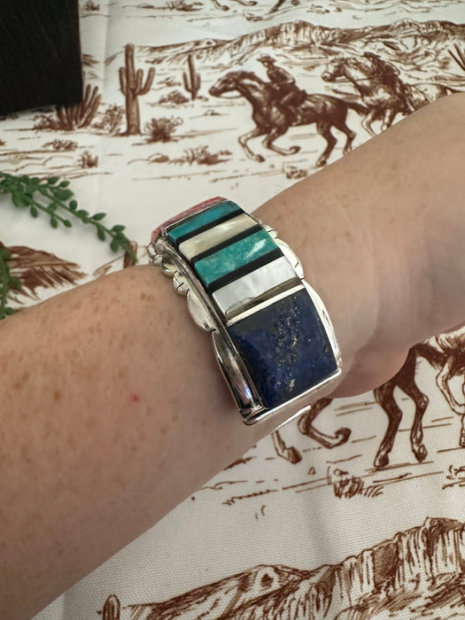 Handmade Sterling Silver Multi Stone Inlay Cuff Bracelet