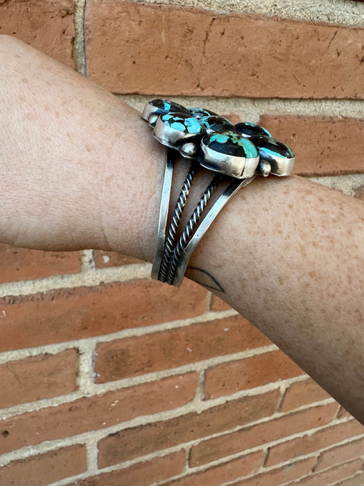 Navajo Royston Turquoise & Sterling Cluster 7 Stone Cuff Bracelet Signed