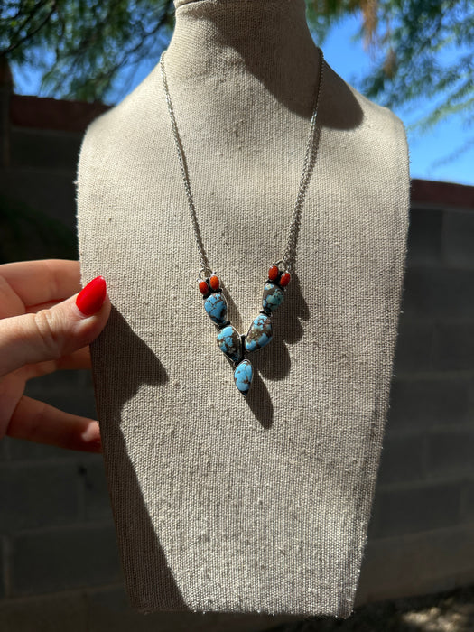 Handmade Sterling Silver, Coral & Golden Hills Turquoise Cactus Necklace