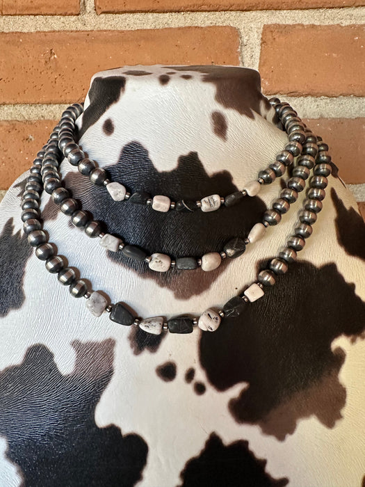 Navajo Pearl Sterling Silver & White Buffalo Beaded Necklace 14-20 Inch